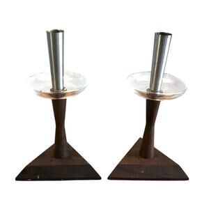 VTG Mid Century Modern MCM Walnut Wood Base Metal & Glass Candle Holders 8.25"